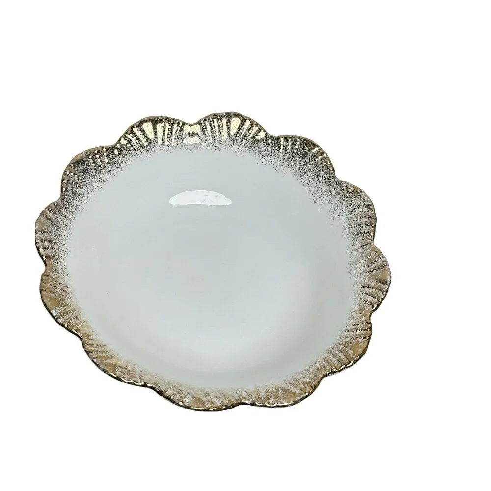 Vintage Milk Glass Petite Trinket Dish Scalloped Bowl Gilt Rim Vanity Decor